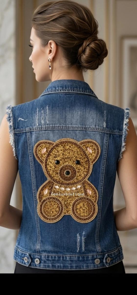 Crystal Bear Denim Vest